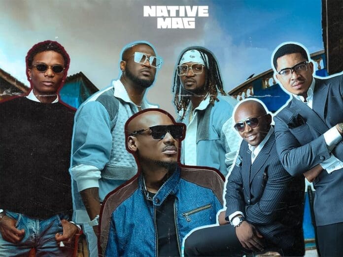 Six men pose together in stylish outfits and sunglasses against an outdoor backdrop, capturing the essence of Afropop fashion. The text "NATIVE MAG" at the top highlights this vibrant NativeMag feature.