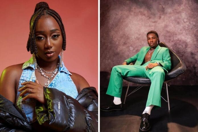 A woman in braided hair poses in a denim outfit and black jacket; a man in a green suit sits in a modern chair, channeling the bold style often seen among West African artists shaping the SA genre scene.