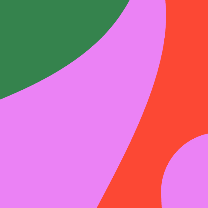 Abstract image featuring curved shapes in green, pink, and red with a smaller pink circle in the bottom right corner on a red background—vibrant colors that echo the lively energy of an Afrobeats dance floor.