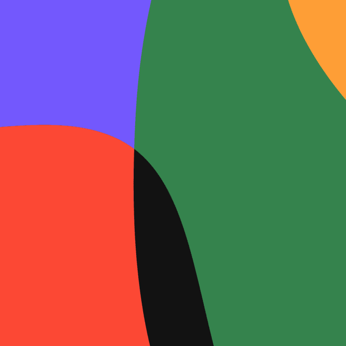 Abstract image with curved shapes in red, purple, green, black, and orange against a plain background. Reminiscent of Afrobeats album art often found on Spotify, the intersecting forms create a colorful, modern composition.