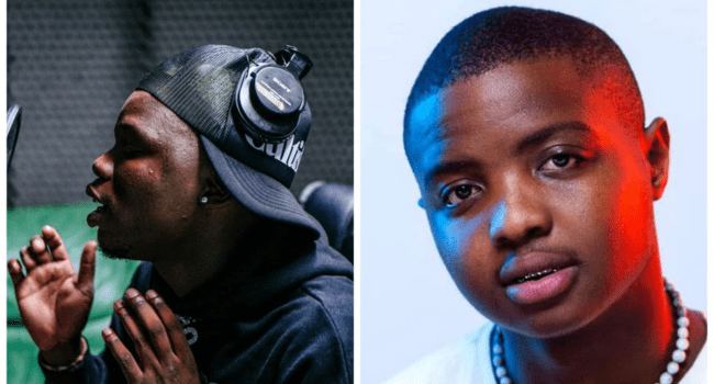 Split image: Left, Blxckie in a recording studio wearing headphones and cap, speaking into a microphone; right, the same person facing the camera against a blue and white background. Experience Tony Dayimane’s same-day releases.