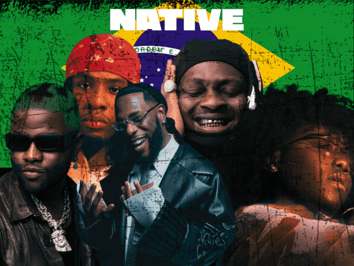 Five musicians pose in front of a distressed Brazilian flag background, blending influences of Brazilian Funk and Afropop, with the text "NATIVE" at the top.