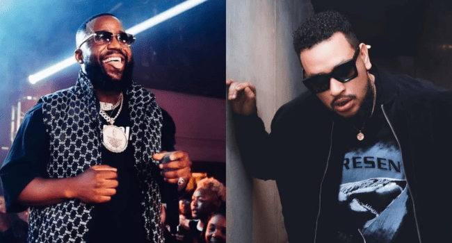 Two men, including Cassper, wearing sunglasses and dark clothing pose separately; one smiles at an event, while the other stands against a wall in a dimly lit setting.