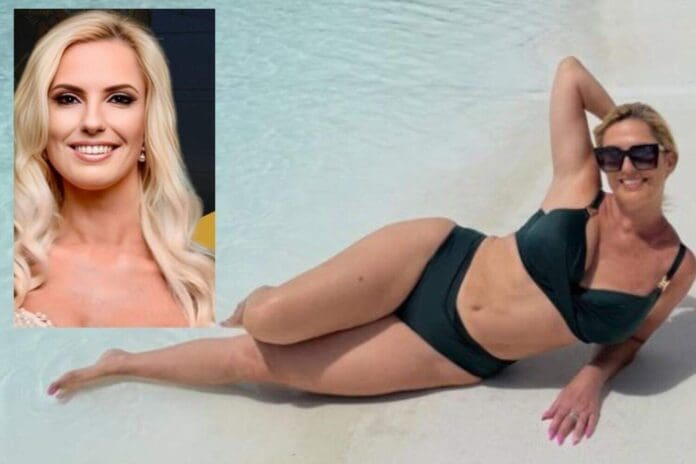 A woman in a black bikini reclines on the edge of a pool, wearing sunglasses. An inset shows a close-up portrait of the same woman smiling—reminiscent of Christall Kay from Real Housewives.