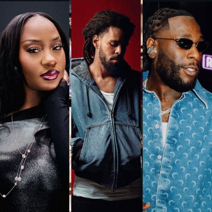 Three individuals stand side by side: Tems in a shiny black top with jewelry, Burna Boy in a denim jacket with dreadlocks, and J. Cole wearing sunglasses and a blue patterned shirt.