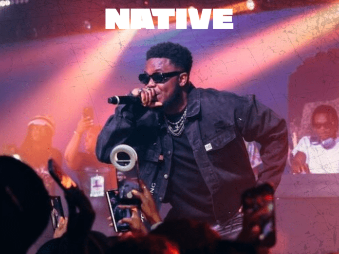 A musician from Liberia performs on stage with a microphone, wearing sunglasses and a dark jacket, as audience members record on their phones; "NATIVE" is displayed above in the style of NativeMag.