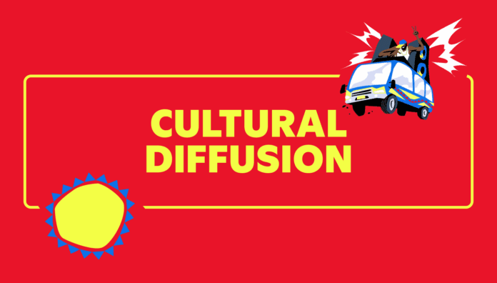 Yellow text "Cultural Diffusion" on a red background with a decorative yellow sun shape and a van with speakers in the top right, hinting at global music influences like Amapiano, as found on platforms such as Spotify.