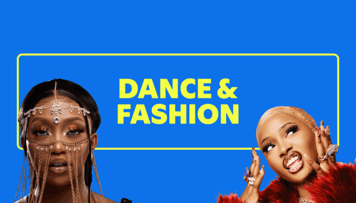 Two women with bold fashion accessories pose against a blue background, capturing the vibrant Amapiano lifestyle, with the text "Dance & Fashion" in yellow between them.