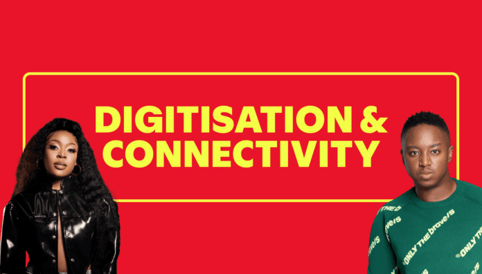Two people stand on either side of a bold yellow title "DIGITISATION & CONNECTIVITY" on a red background with a yellow border, highlighting how platforms like Spotify helped Amapiano thrive during the Global Pandemic.