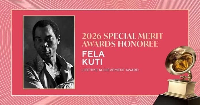Black-and-white photo of Fela Kuti next to text announcing him as the 2026 Grammy Award Special Merit Awards Honoree for the Lifetime Achievement Award, with a Grammy trophy image, as featured in The Nation Newspaper.