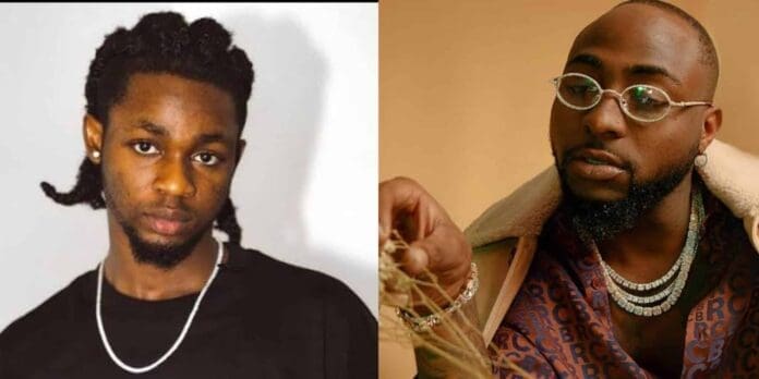 Side-by-side photos of two men: on the left is Omah Lay with short twisted hair, a black shirt, and silver chain; on the right is Davido, known for his Grammy nomination, wearing glasses, jewelry, a patterned shirt, and a light coat.