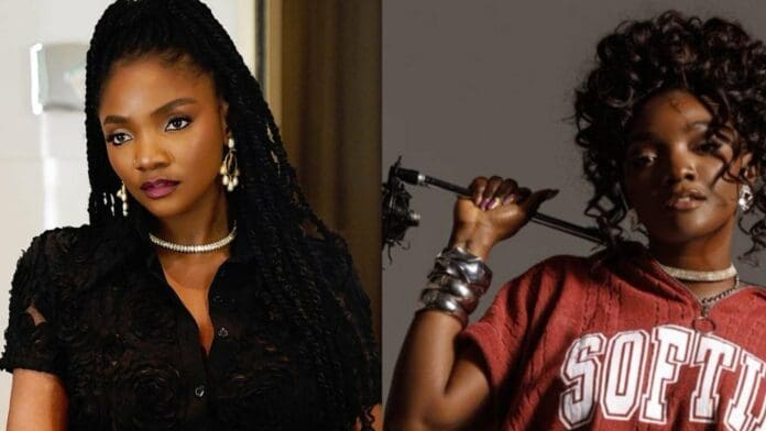 A split image of a woman; on the left, she wears a black blouse with braided hair and jewelry, while on the right, she wears a red shirt and holds a black cane—portraying Simi's call for men accountability against sexual assault.