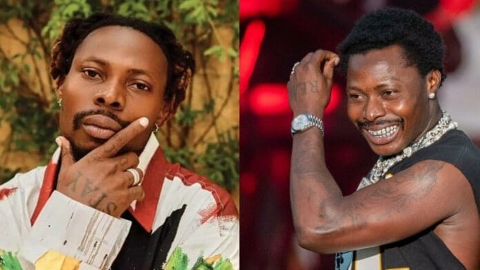 A split image shows the same man in two settings: on the left, he poses with his hand on his chin; on the right, Nigeria’s most-streamed artist Asake smiles onstage wearing jewelry and a sleeveless shirt.