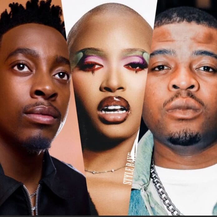 Three people in a collage: a man with short hair on the left, a woman with bold makeup in the center, and a man with a trimmed beard on the right—celebrating South Africa’s vibrant Amapiano scene and Best Hits 2024.