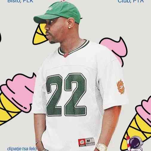 A man wearing a green cap and a white sports jersey with the number 22 stands in front of a background with pink ice cream cone illustrations, channeling the vibrant energy of TNK MusiQ.