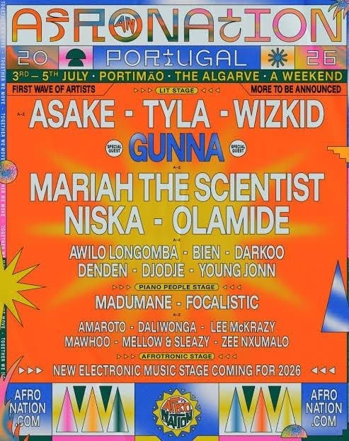 Colorful promo poster for Afro Nation 2026 Portugal music festival, listing headliners Burna Boy, Asake, Tyla, Wizkid, Gunna, Mariah the Scientist, and others, with event details and location.