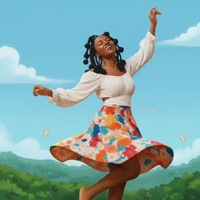 A woman in a white blouse and colorful floral skirt dances outdoors, smiling, as butterflies flutter around her beneath the blue sky and green hills. Celebrate the joy of Valentine Season with Amavi Sol.