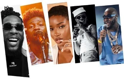 Five musicians are shown singing or performing, each in a separate vertical panel, with various microphones and stage outfits, reminiscent of a Grammys performance.