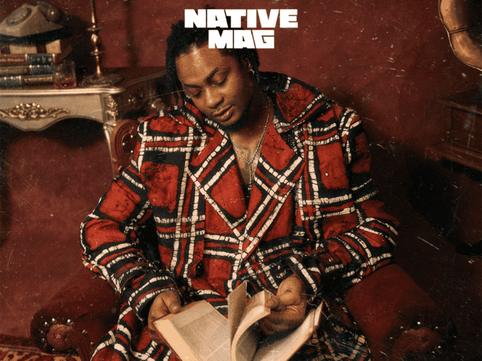 A man in a patterned red suit sits in a chair reading a book, with "NATIVE MAG" text above him, embodying resilience featured in the "Who Needed That Therapist Anyways" story by Seyi G.