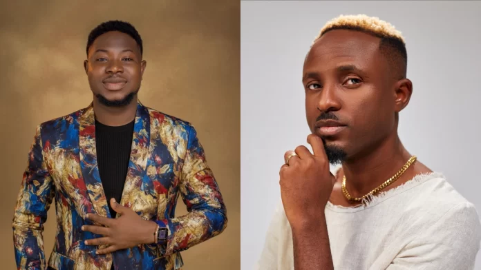 Two men posing for portraits side by side; Gaise Baba wears a colorful patterned jacket and smiles, while the second, in a light shirt, looks thoughtfully at the camera.