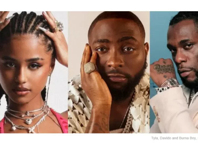 Three people are shown in a collage; each faces the camera, wearing jewelry and accessorized outfits, against neutral backgrounds—celebrating icons like Tyla and the new African music category at the Grammys 2026.