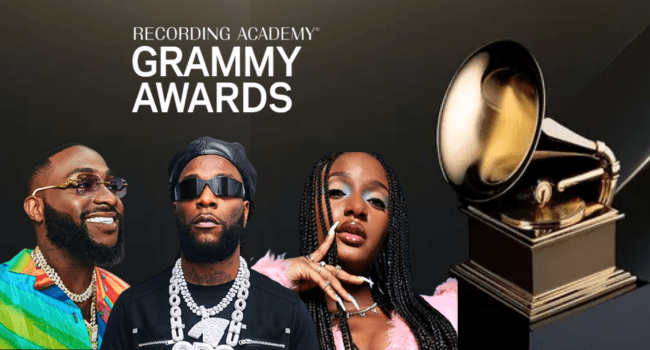 Three artists, including Davido and Burna Boy, stand in front of a backdrop featuring the Grammy Awards logo and a large Grammy trophy, celebrating their nominations for Best African Music Performance.