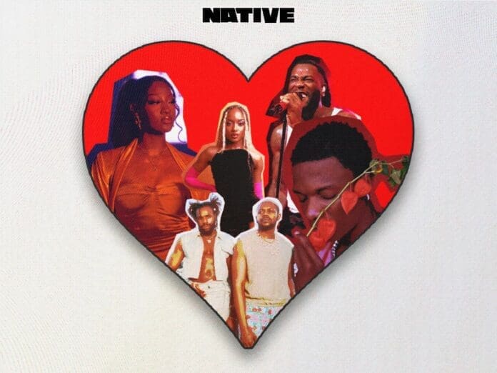 A collage of six musicians inside a red heart shape, with the word "NATIVE" above them, set against a light background—celebrating both platonic love and romantic love inspired by Afropop songs.