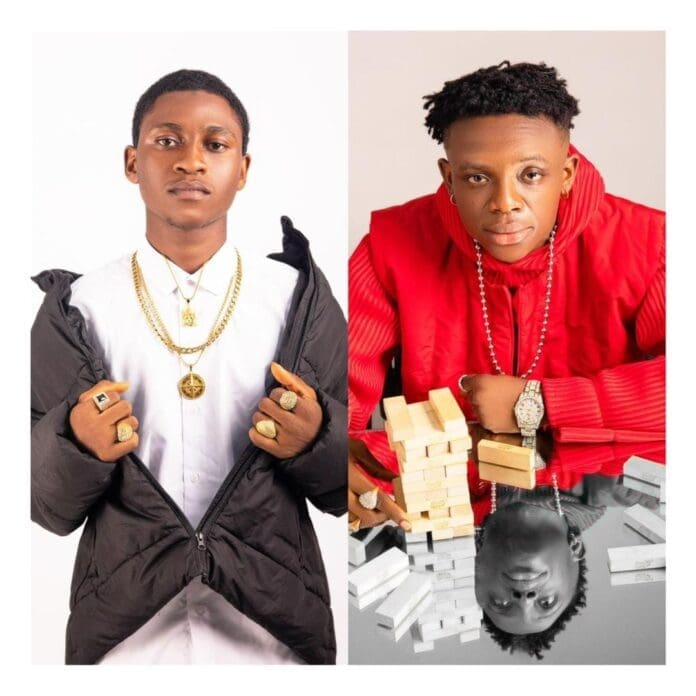 Side-by-side portraits of Gbolarmighty: on the left, wearing gold jewelry and a black jacket; on the right, in a red hoodie with a watch, sitting by stacked gold and silver bars—capturing his AfroPop and Afrobeats vibe.