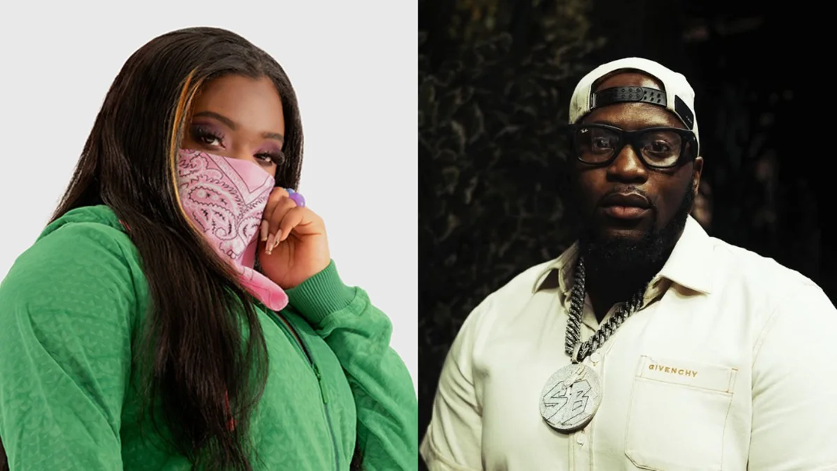 Side-by-side portraits of two people: one in a green jacket and pink bandana, the other in a white shirt, glasses, and a cap with a large Spaceship Billy medallion necklace.