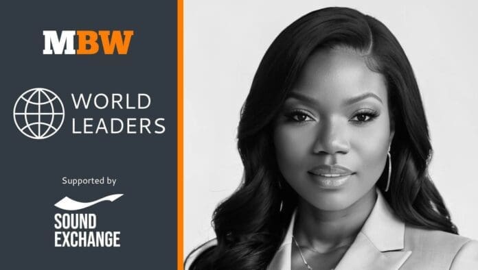 A woman in a suit poses confidently in a black-and-white photo; MBW World Leaders and SoundExchange logos appear on the left, highlighting this trailblazing music entrepreneur featured by Music Business Worldwide.