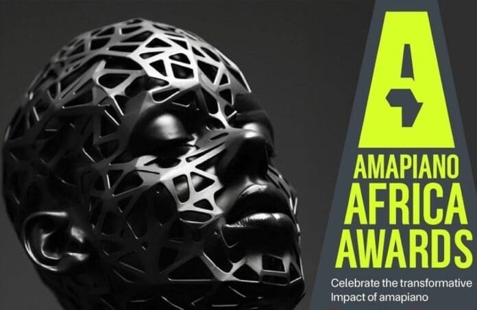 A stylized, geometric black mask covers a human face next to the text: "Amapiano Africa Awards, Sun City. Celebrate the transformative impact of amapiano with SA Music News highlights.