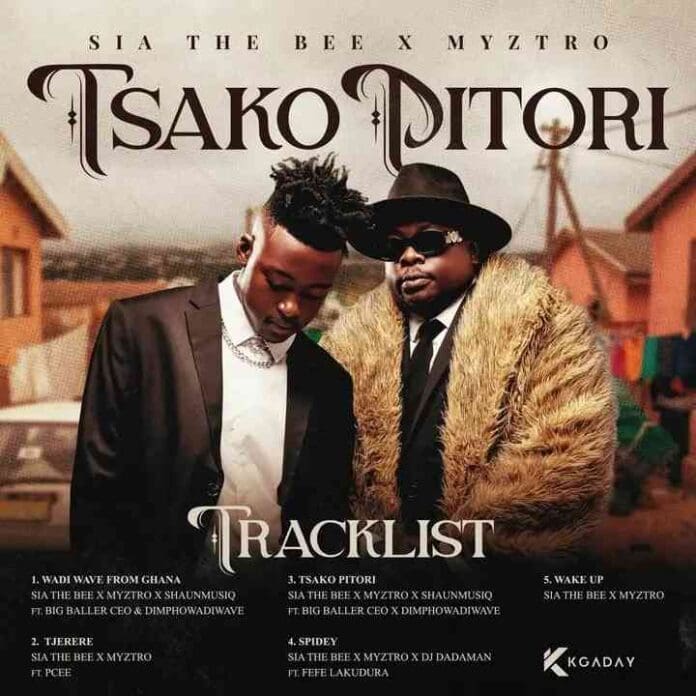 Two men in suits stand side by side in front of a gold background. Text above them reads "Sia The Bee x Myztro Tsako Pitori," highlighting their latest collab. A six-track Tsako Pitori-inspired playlist is displayed at the bottom.