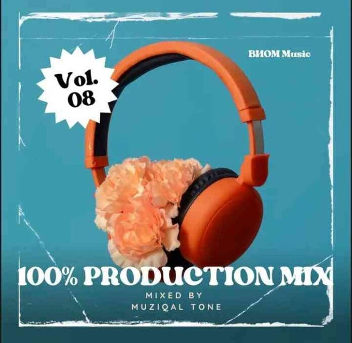 Orange headphones with pink flowers inside one ear cup rest on a blue background. Text reads "Vol. 008, 100% Production Mix, Mixed by Muziqal Tone, B1OM Music.