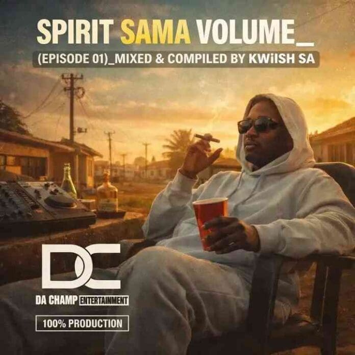 A man in a white hoodie and sunglasses sits outdoors holding a drink, with audio equipment beside him. Text promotes “Spirit Sama Volume 1”—a production mix expertly crafted by KWiiSH SA.