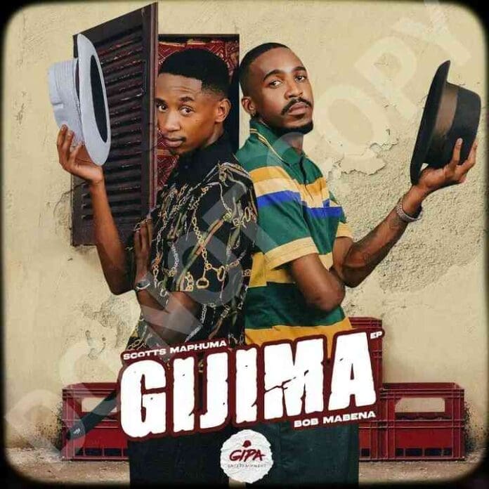 Two men stand back-to-back holding hats, posing in front of a beige wall with a shuttered window. "GIJIMA" and other titles, including the Gijima album by Scots Maphuma and Bob Mabena, appear at the bottom.