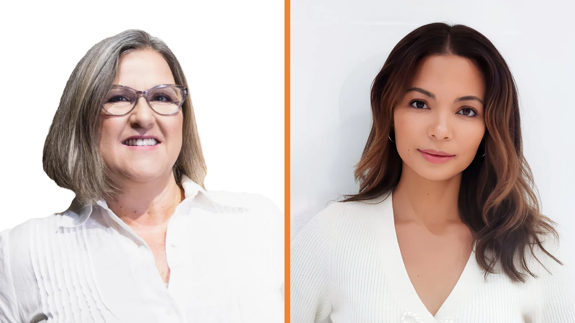 Side-by-side portraits of two women, one older with gray hair and glasses on the left, and one younger with long brown hair on the right, both wearing white tops—capturing a moment at an event for Virgin Music Group in South Africa.