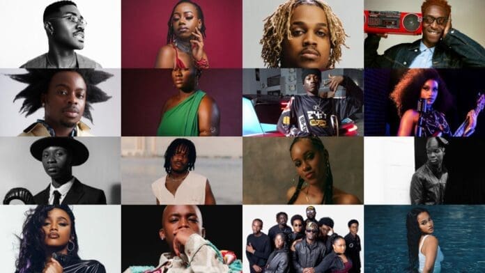 A collage of sixteen individual portraits featuring emerging African artistes, each posing separately in various styles and settings, celebrating the diversity and creativity within today’s vibrant music scene.