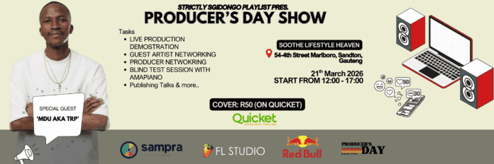 Banner for the Producers Day Show on 21 March 2026 in Sandton, featuring guest artist Ndu aka TRP. Discover event details, exciting activities, sponsors, ticket info, and more with Music In Africa.