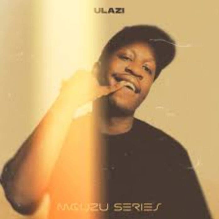 A person in a black shirt and cap poses with a hand gesture resembling a phone, with text "ULAZI" above and "MGUZU SERIES" below on a beige background, featuring Kwanda MusiQ's Expensive Clection vibe.