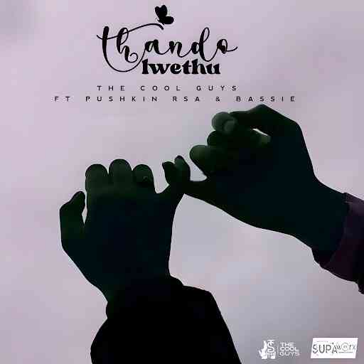 Two hands form a heart shape against a light background. Text above reads “Thandolwethu” and credits “The Cool Guys ft Pushkin RSA & Bassie.” Logos from Cool Guys and others appear in the corners.