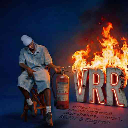 A man in casual clothing sits on a stool beside a fire extinguisher. Large burning letters "VRR" blaze in front of him, referencing Officixl RSA, all set against a striking blue background.