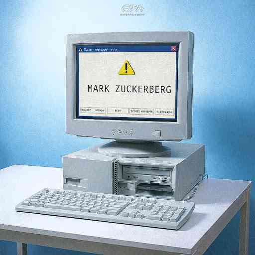 A vintage desktop computer displays a warning message on the monitor with the text "MARK ZUCKERBERG," referencing the 2026 major hit, and a yellow triangle with an exclamation mark.