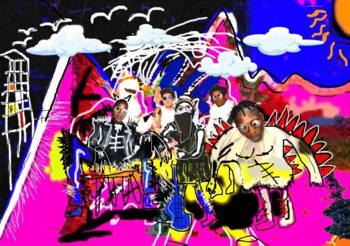 Colorful, abstract artwork featuring six figures in a surreal, vibrant landscape with bright pink ground, mountains, clouds, and a sun. The characters are dressed in various unique costumes inspired by Pan African Music.