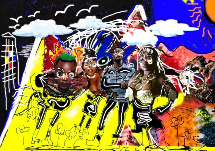 A vibrant, abstract artwork featuring five stylized figures with exaggerated expressions and colorful backgrounds, including flowers, clouds, bright geometric shapes, and subtle nods to Pan African Music.