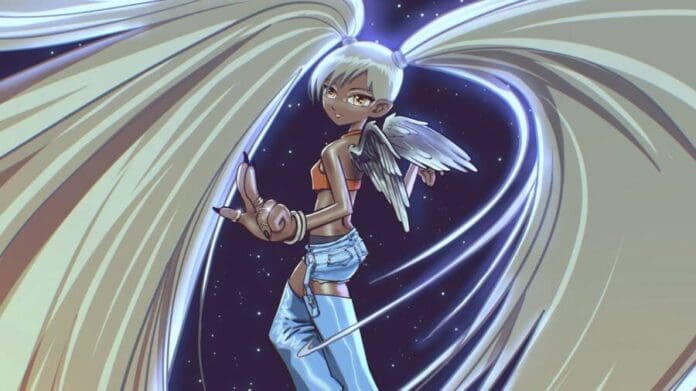 Anime-style character with long, illuminated hair, small wings, and a futuristic outfit floats in a space-like background, looking over their shoulder with an expression that channels Ayra Starr's confident energy.