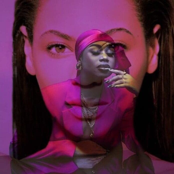 A digitally altered image showing a person wearing a red headscarf superimposed over a large background portrait of Beyonce.