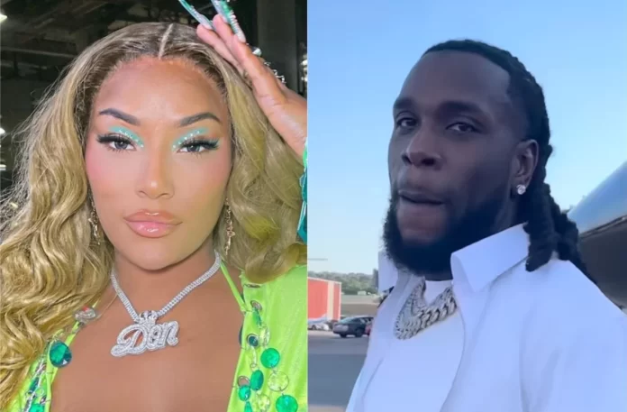 Two people in a split image. On the left is a woman with long blonde hair, wearing a green sequined outfit, resembling Stefflon Don. On the right is a man with short dreadlocks, wearing a white shirt and gold jewelry, channeling vibes similar to Burna Boy.