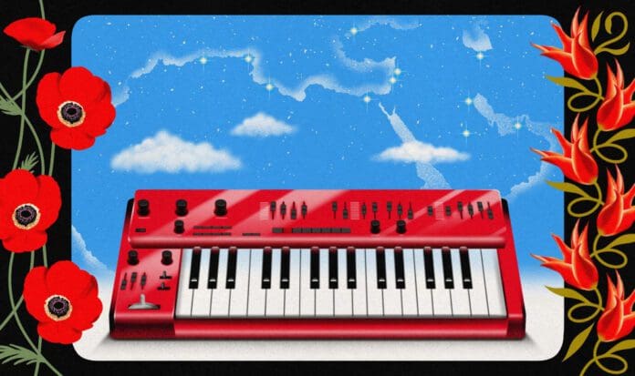 A red synthesizer keyboard is set against a blue sky with white clouds and stars, framed by red and orange flowers on the left and right. Celebrating Women of South West Asian and North African Electronic Music, this scene could easily be the cover art for an exclusive Bandcamp release.