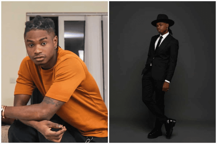 Two images of the same person. Left: The person is wearing a short-sleeve orange shirt indoors. Right: The person, possibly vibing to Lil Kesh songs, is dressed in a black suit and hat, standing against a dark background.