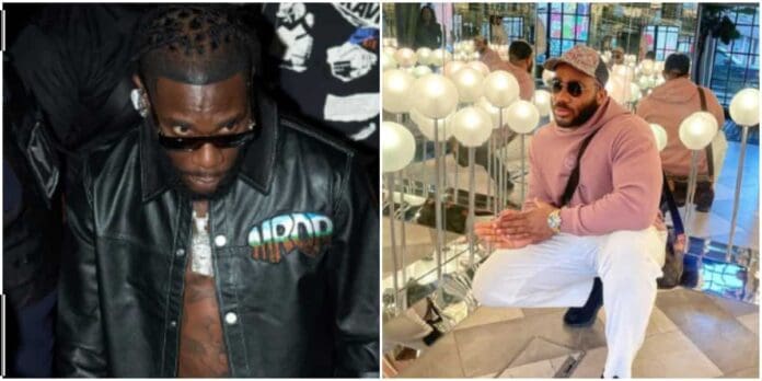 On the left, a man in a black leather jacket and sunglasses looks down like Burna Boy. On the right, a man in a pink hoodie and white pants crouches in a reflective room with spherical light fixtures, channeling vibes reminiscent of 